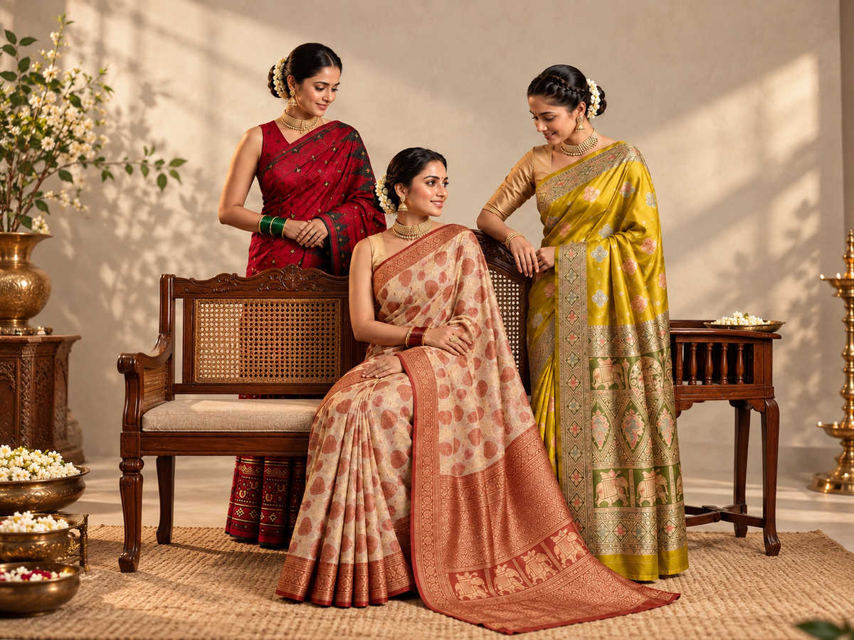 Three women wearing traditional sarees in an elegant setting