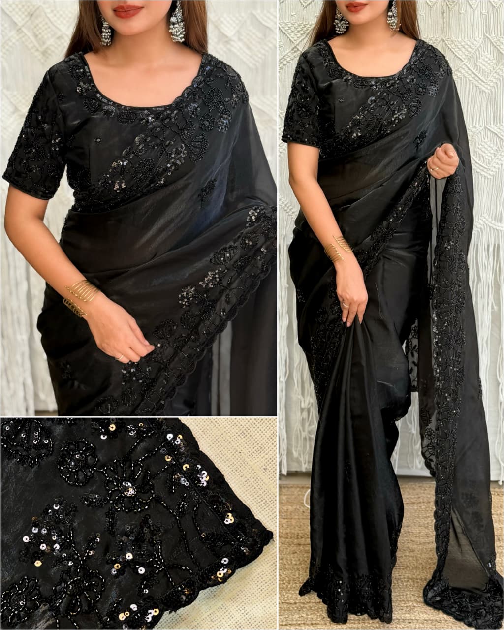 Party Wear Tulip Fandy Satin Saree with Heavy Beads & Sequins Work