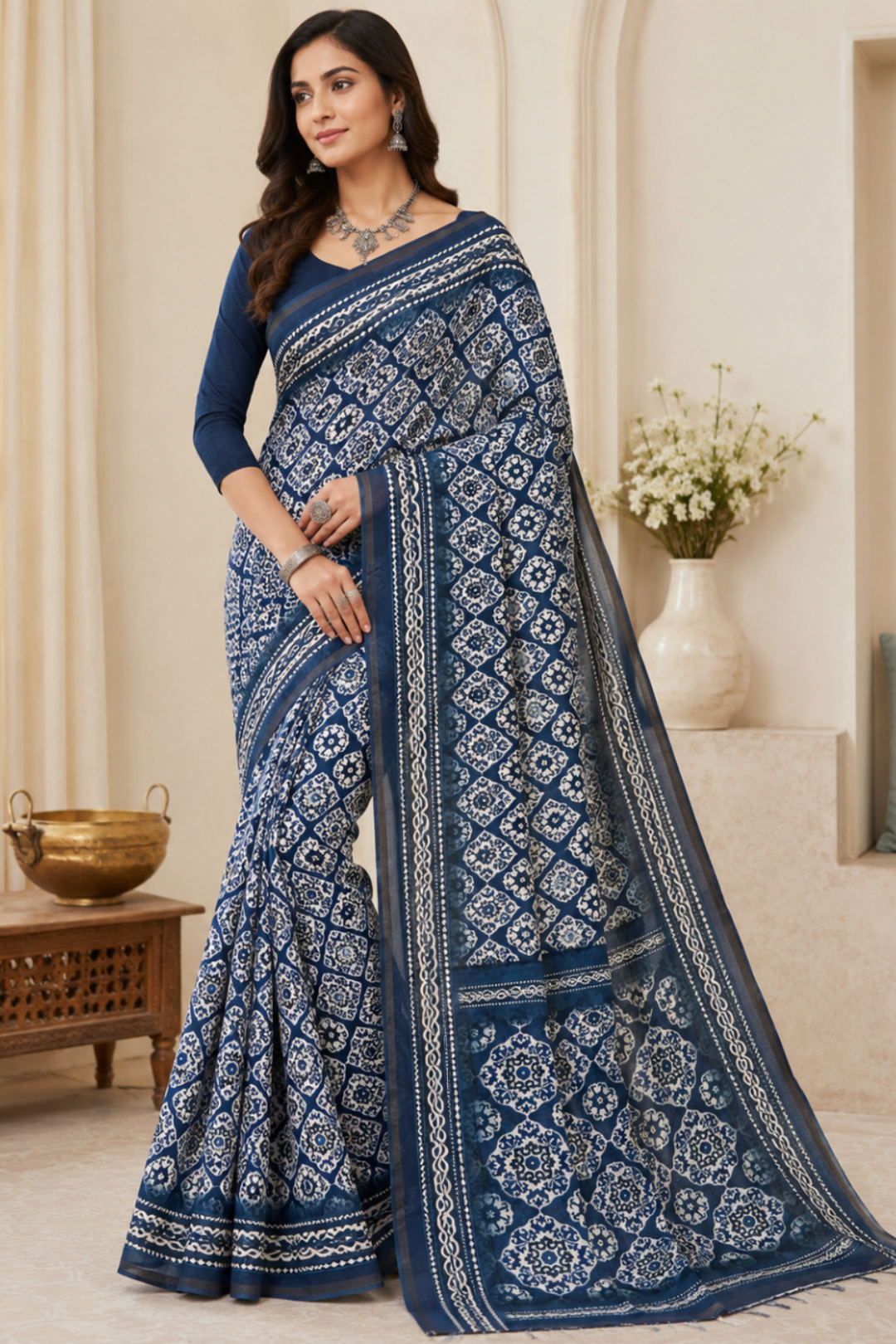Indigo Blue Traditional Printed Saree with Designer Border & Pallu