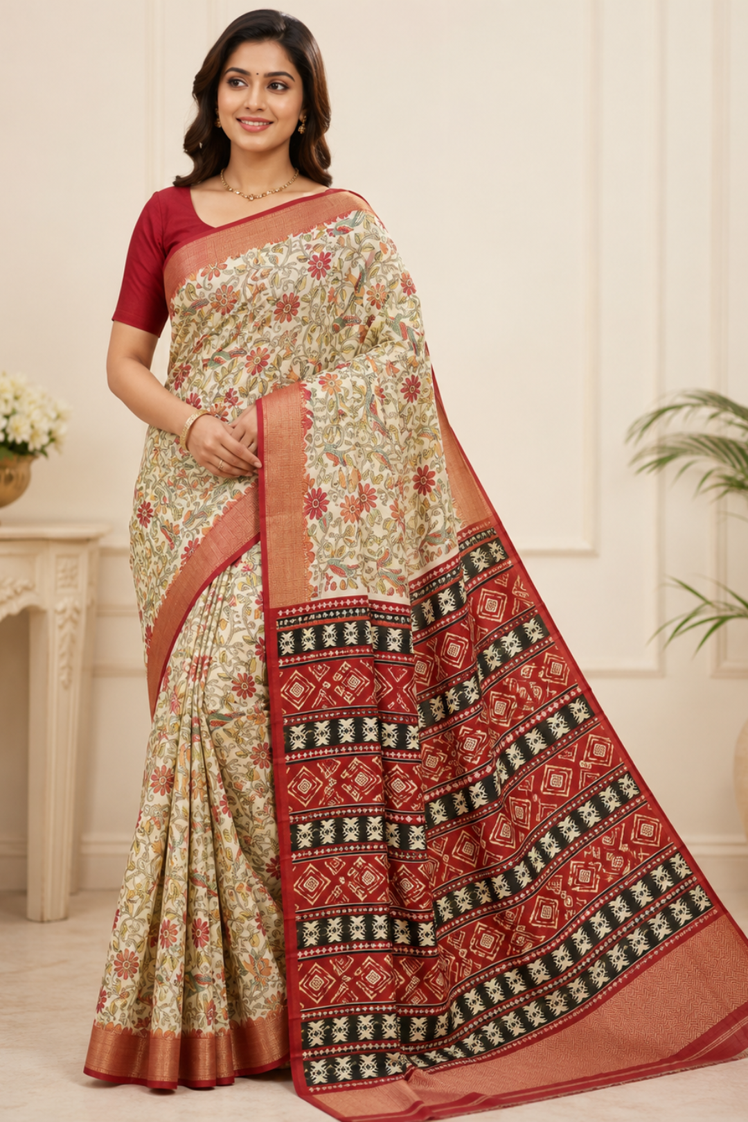 Traditional Kalamkari-Inspired Printed Saree with Grand Designer Pallu