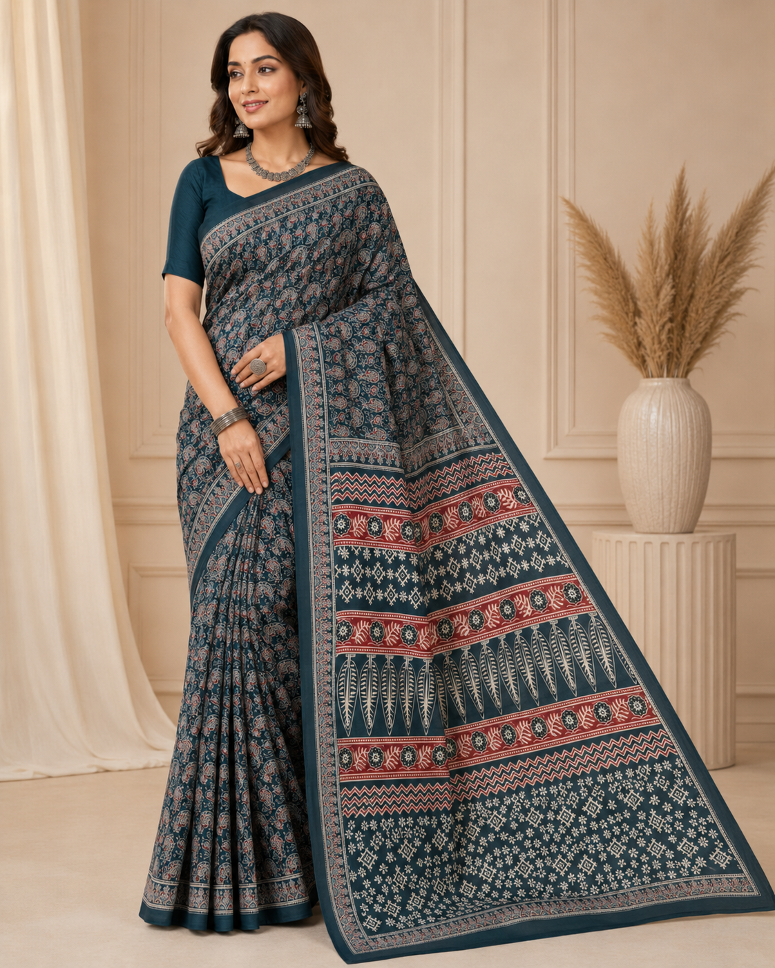 Elegant Teal Blue Ajrakh-Inspired Printed Saree with Designer Pallu