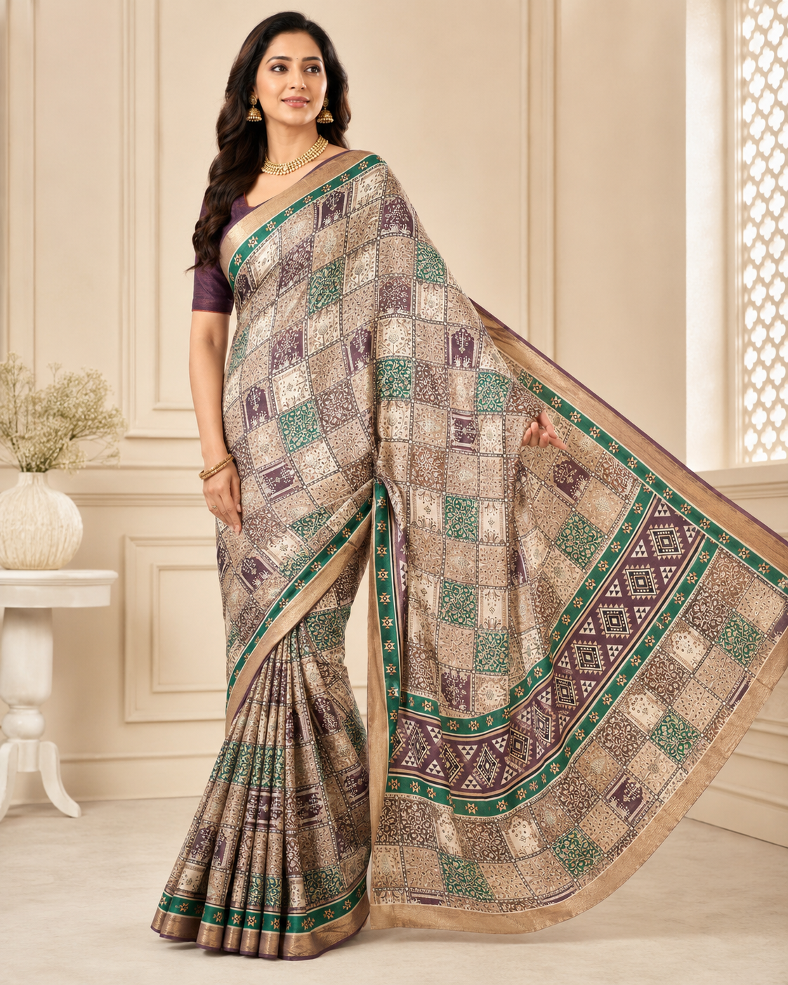 Beige Multicolor Patchwork Print Saree with Geometric Pallu & Contrast Border