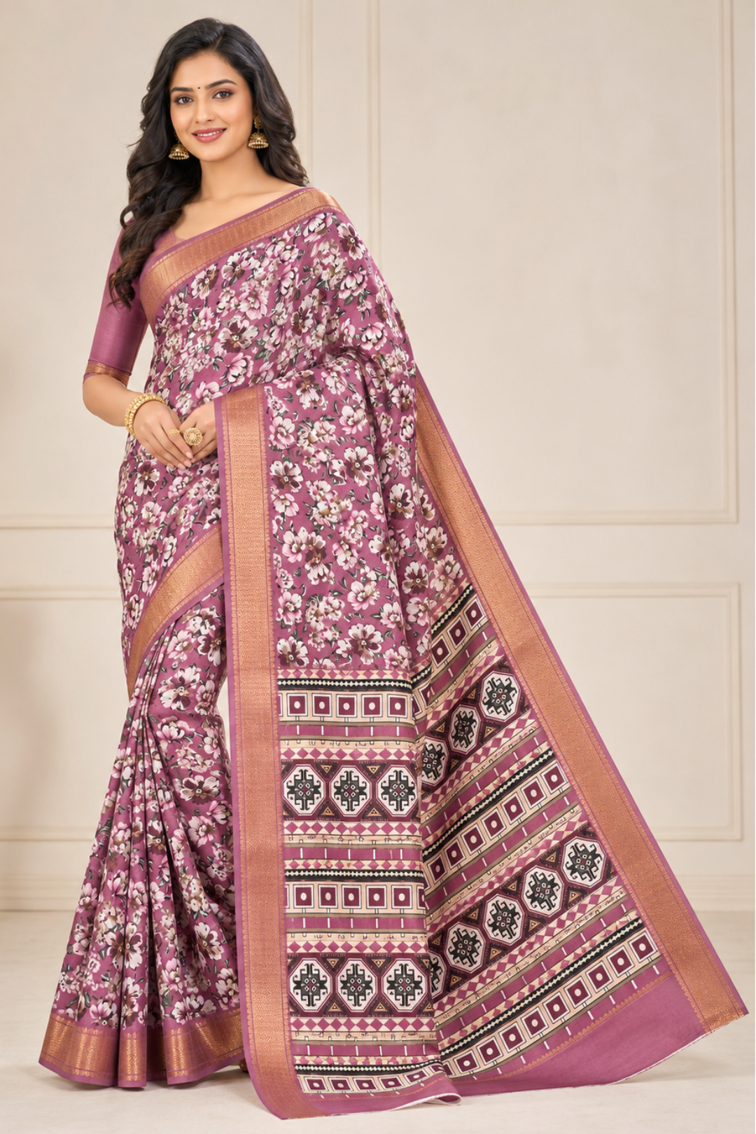 Dusty Rose Floral Printed Saree with Golden Border & Geometric Pallu