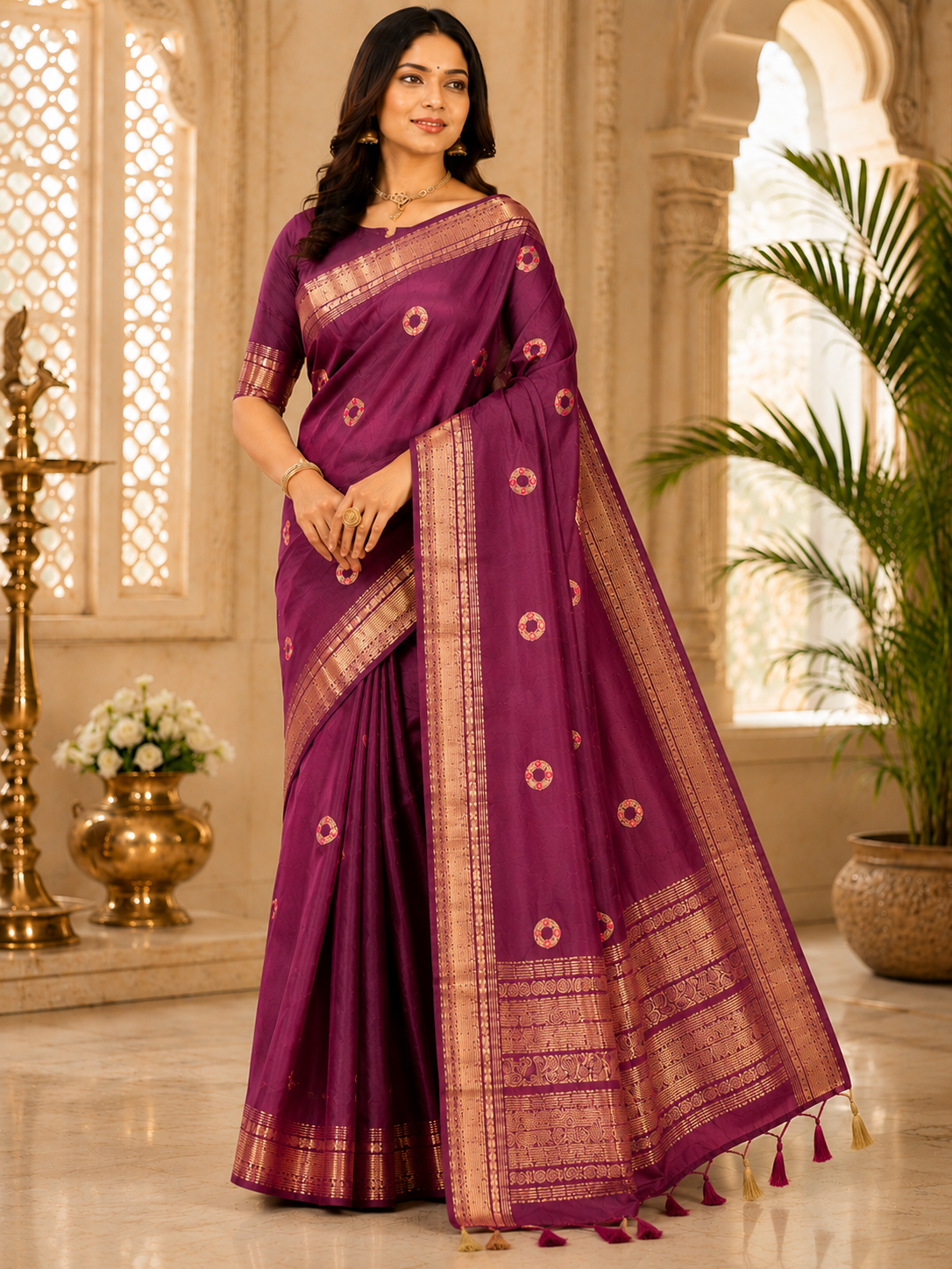 Woman wearing a purple saree with gold patterns in an elegant indoor setting.
