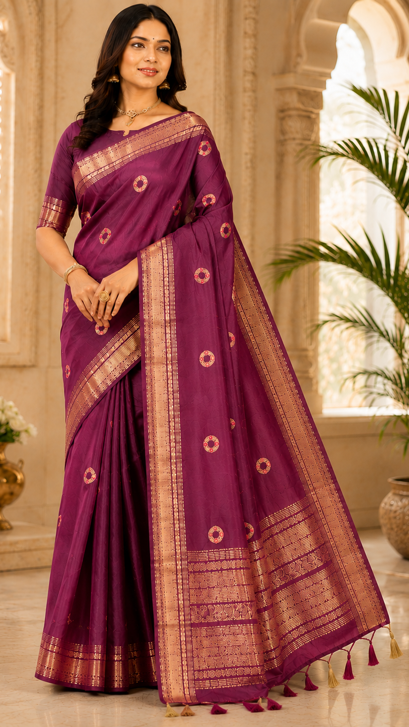 Woman wearing a purple saree with gold patterns in an elegant indoor setting.