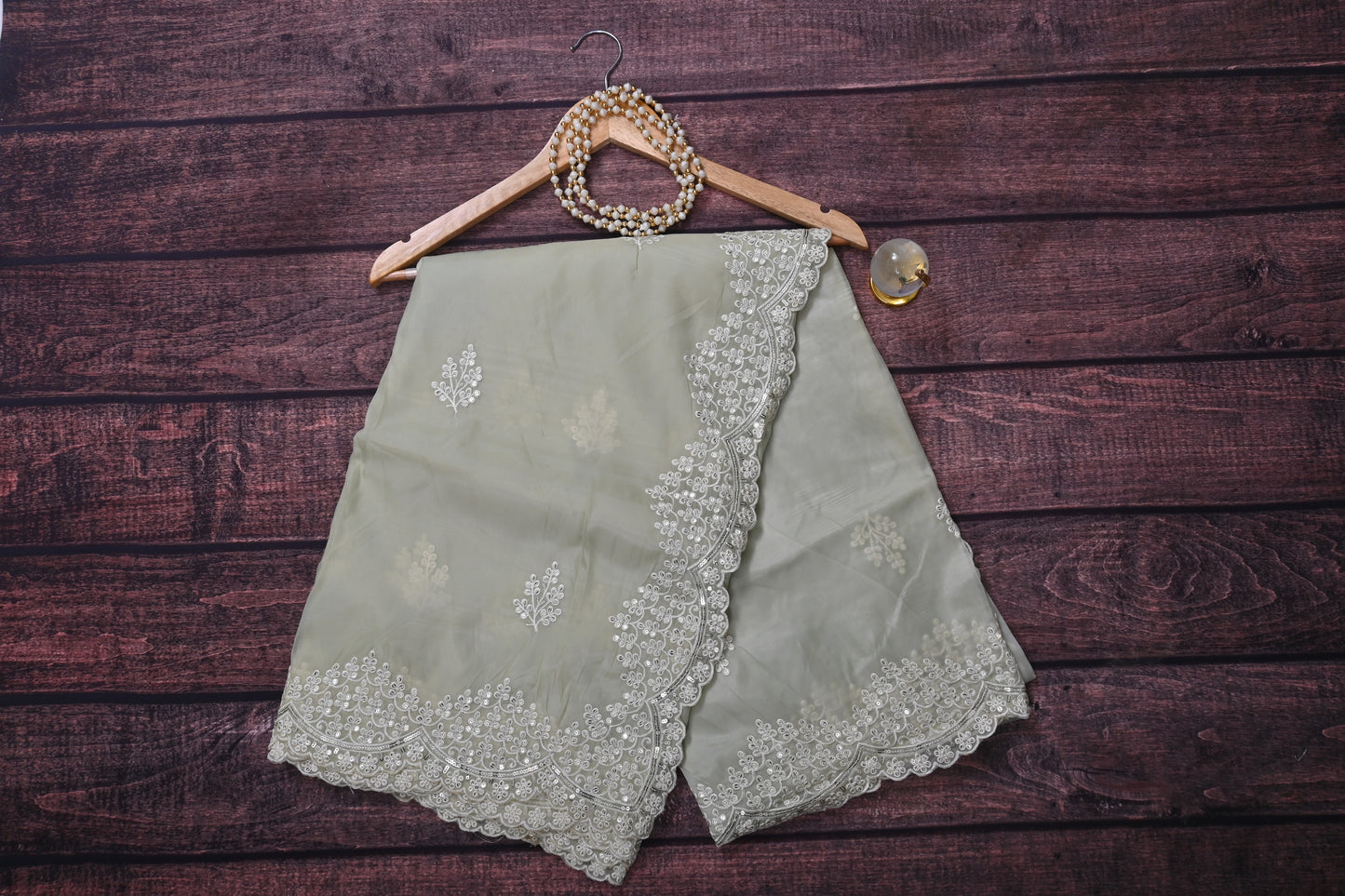 Soft Silk Saree with White Floral Embroidery & Sequin Border | Elegant Party Wear Saree with Contrast Blouse