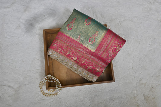 Premium Tissue Silk Saree with Elegant Zari & Stone Work For Party & Wedding Wear