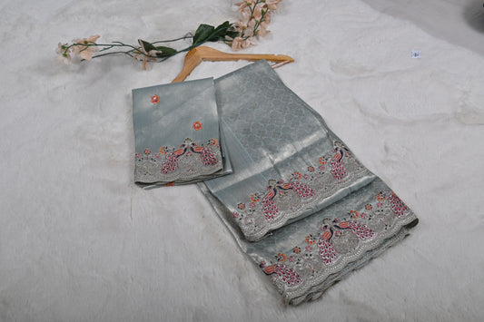 Designer Brocket Saree with Zari, Cut Work & Peacock Hand Stone Work Border-For Wedding & Party Wear