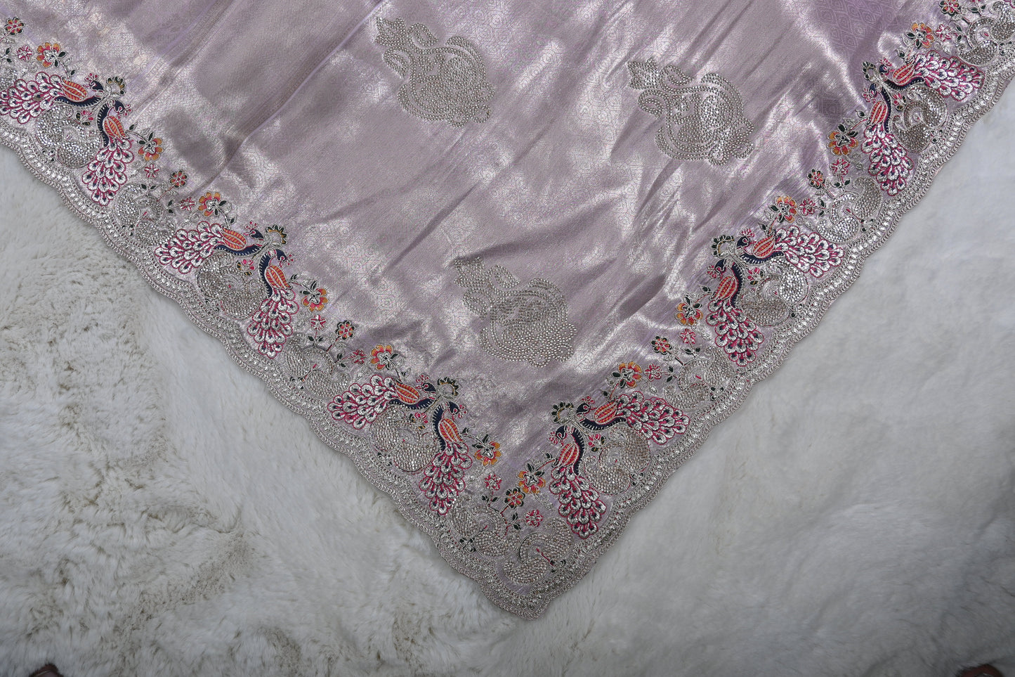 Designer Brocket Saree with Zari, Cut Work & Peacock Hand Stone Work Border-For Wedding & Party Wear