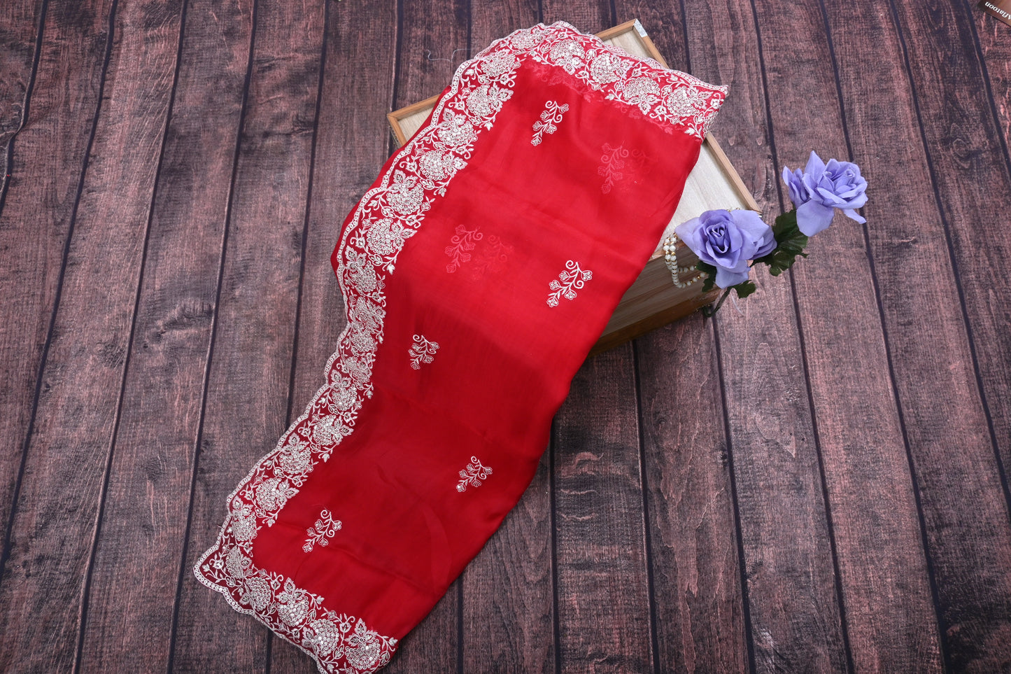 Premium Organza Embroidery Cutwork Border Saree with Sequins Work & Contrast Blouse | Designer Party Wear Saree