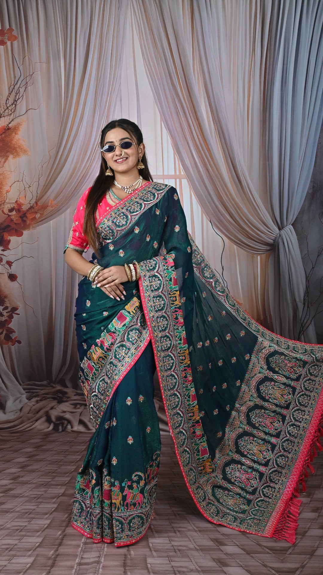 Rajwadi Soft Organza Silk Saree with Heavy Embroidery Border & Tassel Pallu for Women