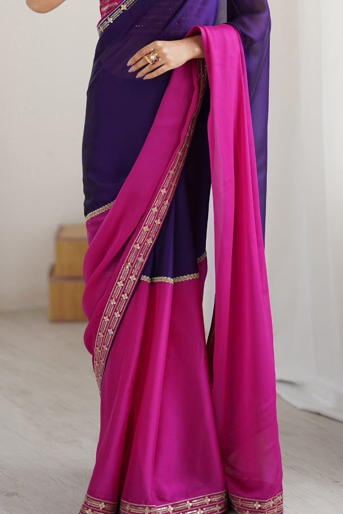 Meher Dual Tone Soft Silk Georgette Saree With Gotta Patti Lace Border