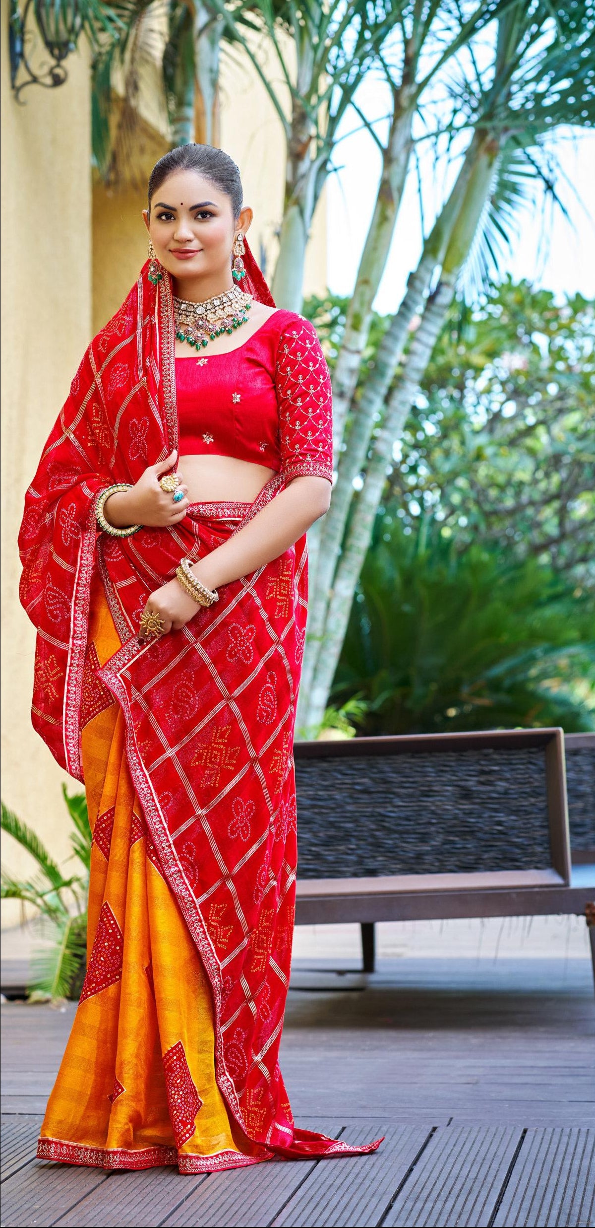 Red mustard premium traditional synthetic silk saree