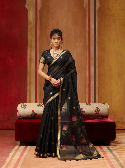 Spun Cotton Handloom Saree With Organza Meenakari Pallu & Zari Border