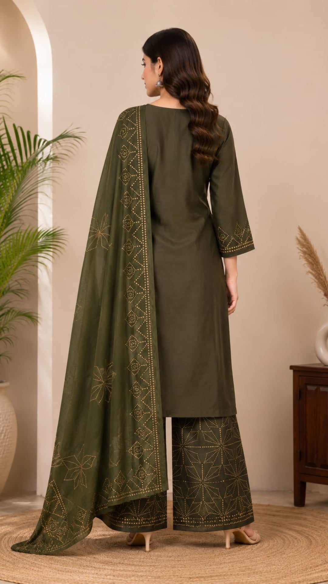 Women's Olive Green Cotton Blend Kurta Palazzo & Dupatta Set | Ethnic Printed 3 Piece Suit Set