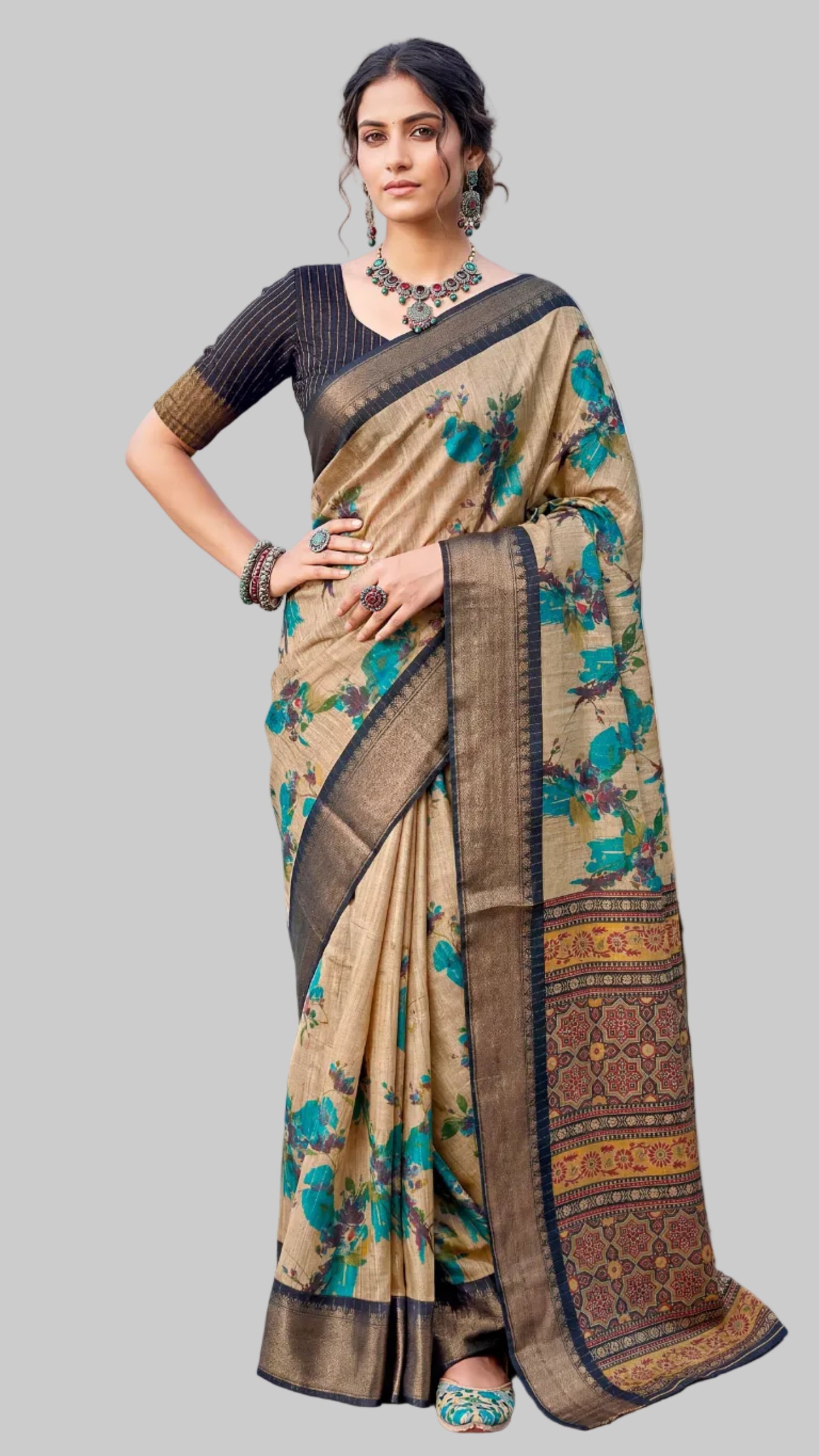 Classic Digital Garden Cotton Jari Saree with Weaving Jari Border & Contrast Blouse | Krishna Textile Market