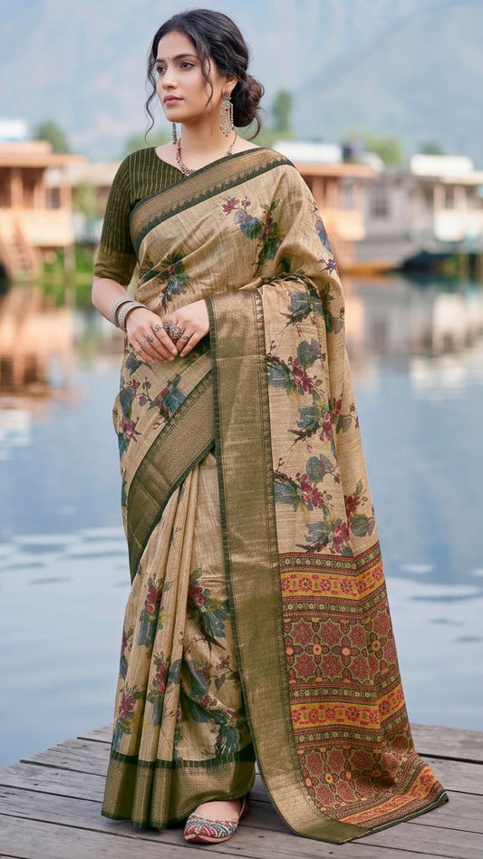 Classic Digital Garden Cotton Jari Saree with Weaving Jari Border & Contrast Blouse | Krishna Textile Market
