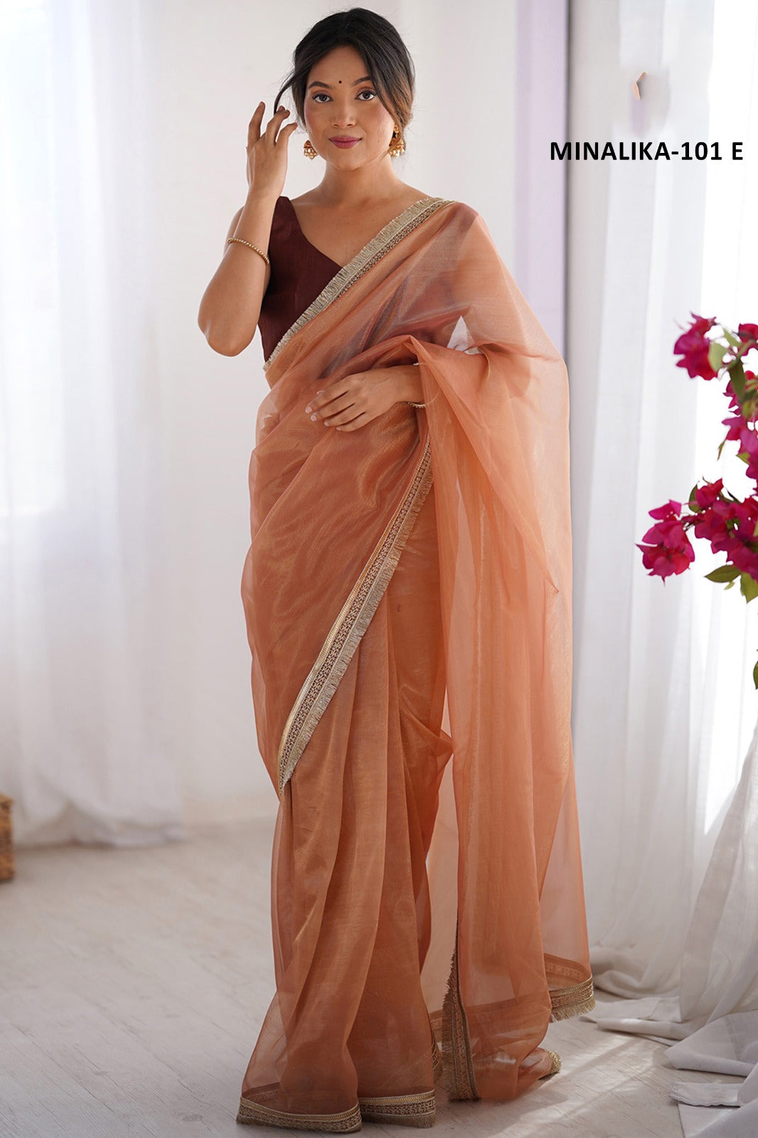 Soft Shimmer Organza Saree With Rich Golden Lace Border For Women