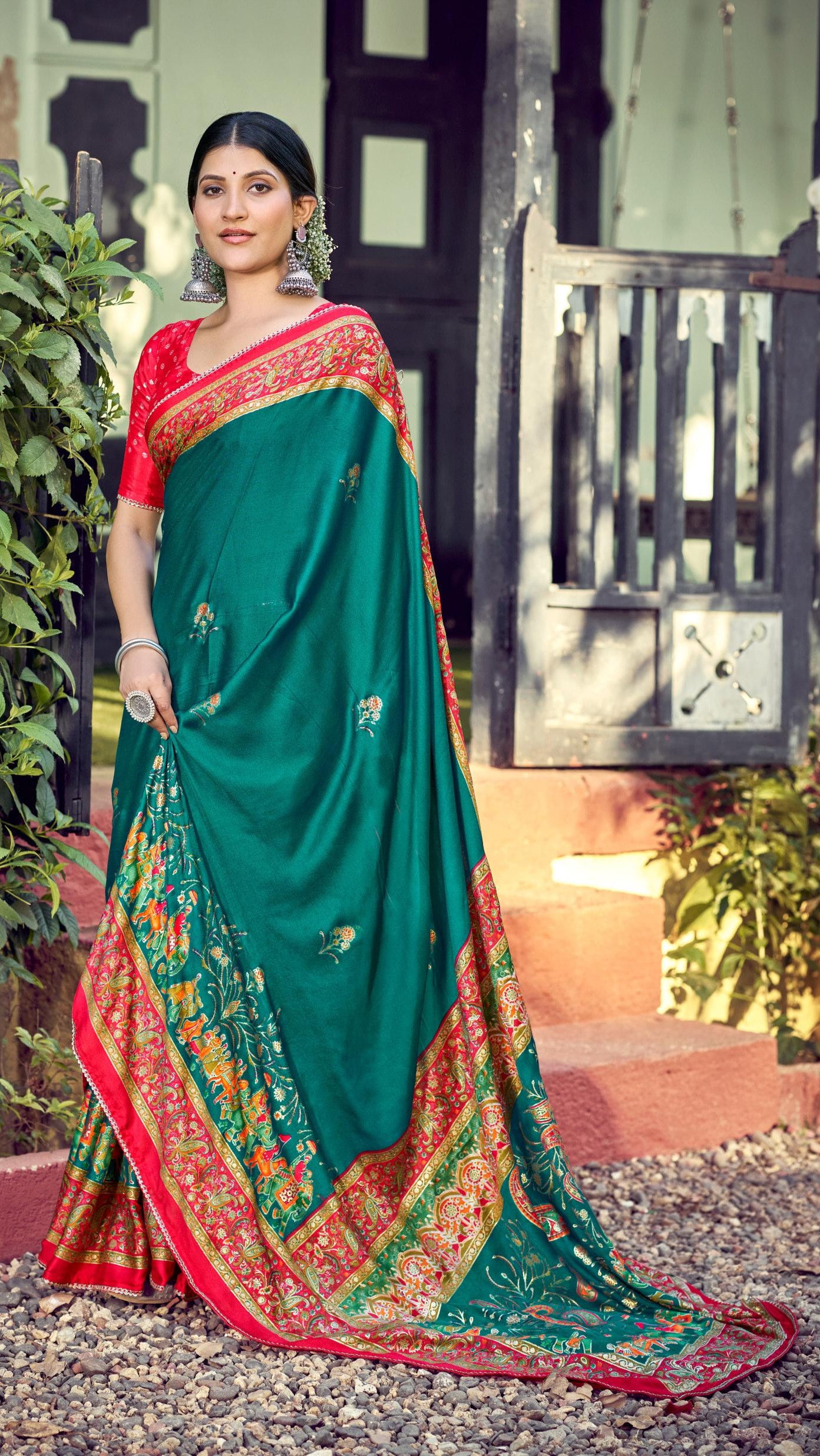 Mehendi Green Designer Synthetic Silk Saree for Festive Wear