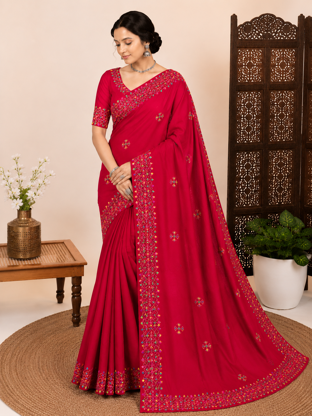 Woman wearing a red saree with gold embroidery in a room setting.