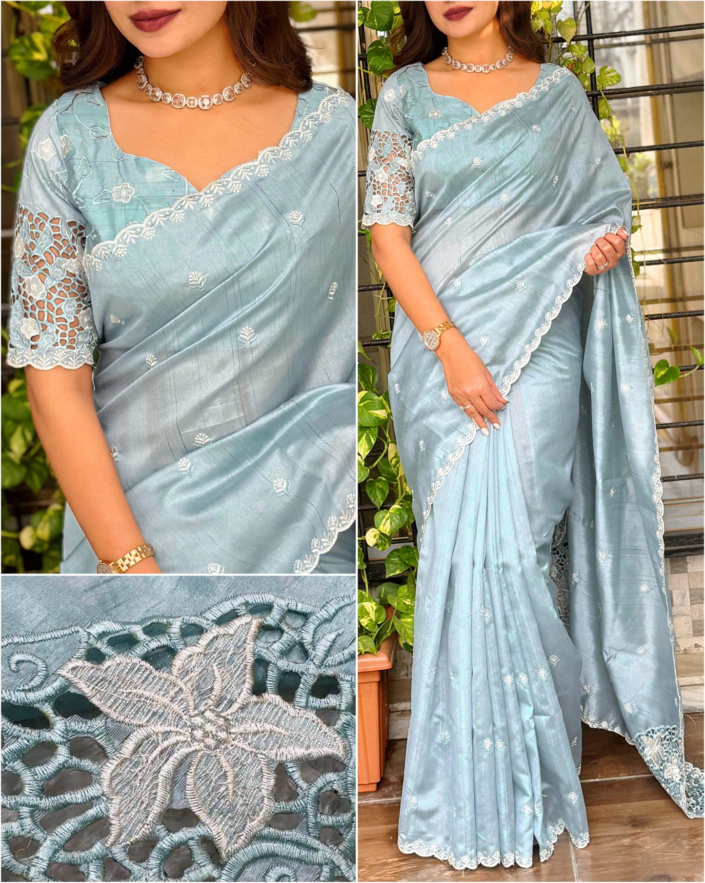 Designer Soundarya Tusser Cotton Embroidered Cutwork Saree For Women