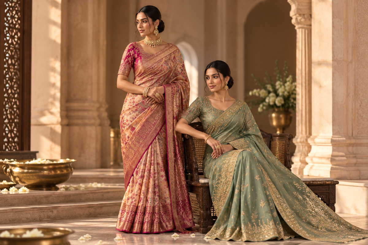 Traditional saree portraits in a heritage palace setting