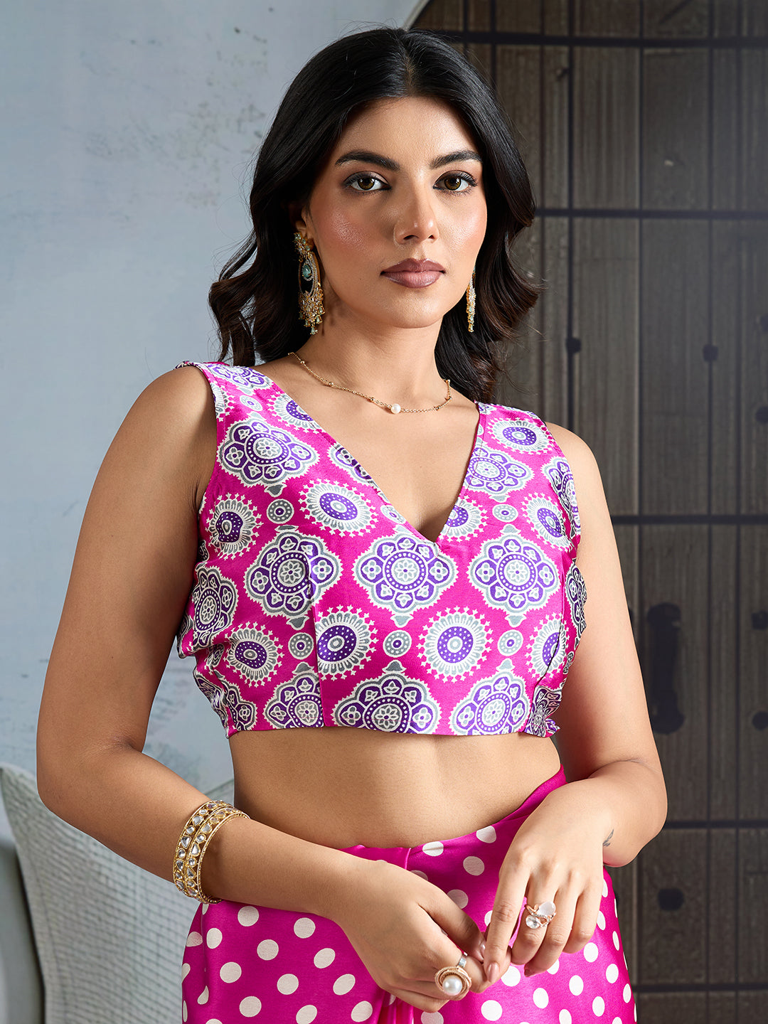 Premium Italian Silk Saree With Polka Dot & Floral Print Design