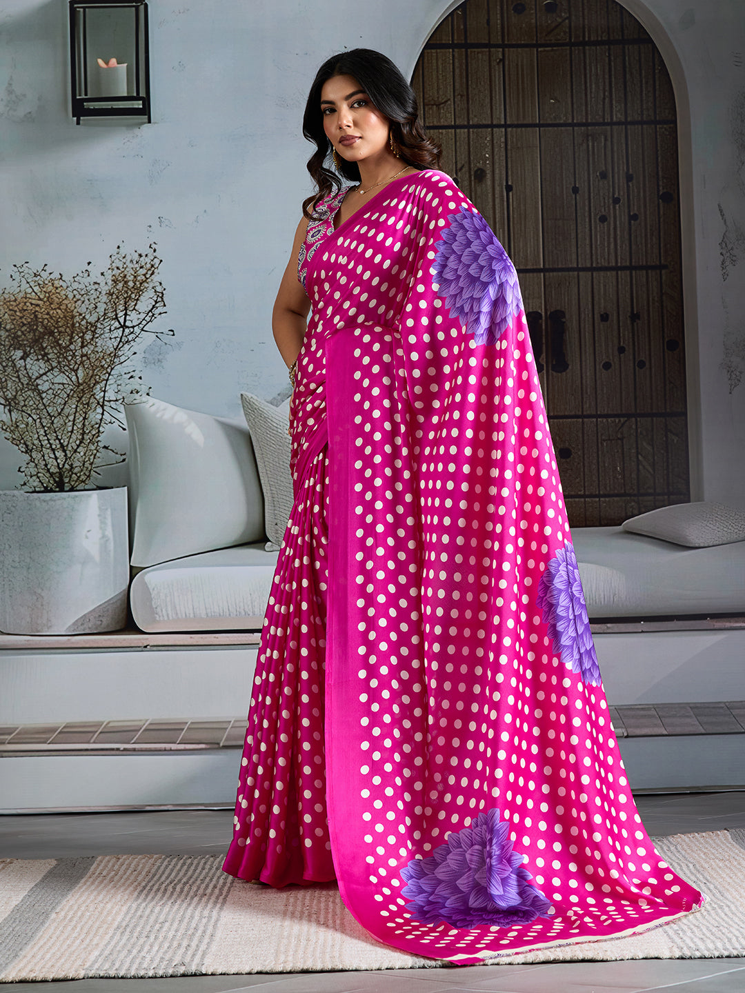 Premium Italian Silk Saree With Polka Dot & Floral Print Design