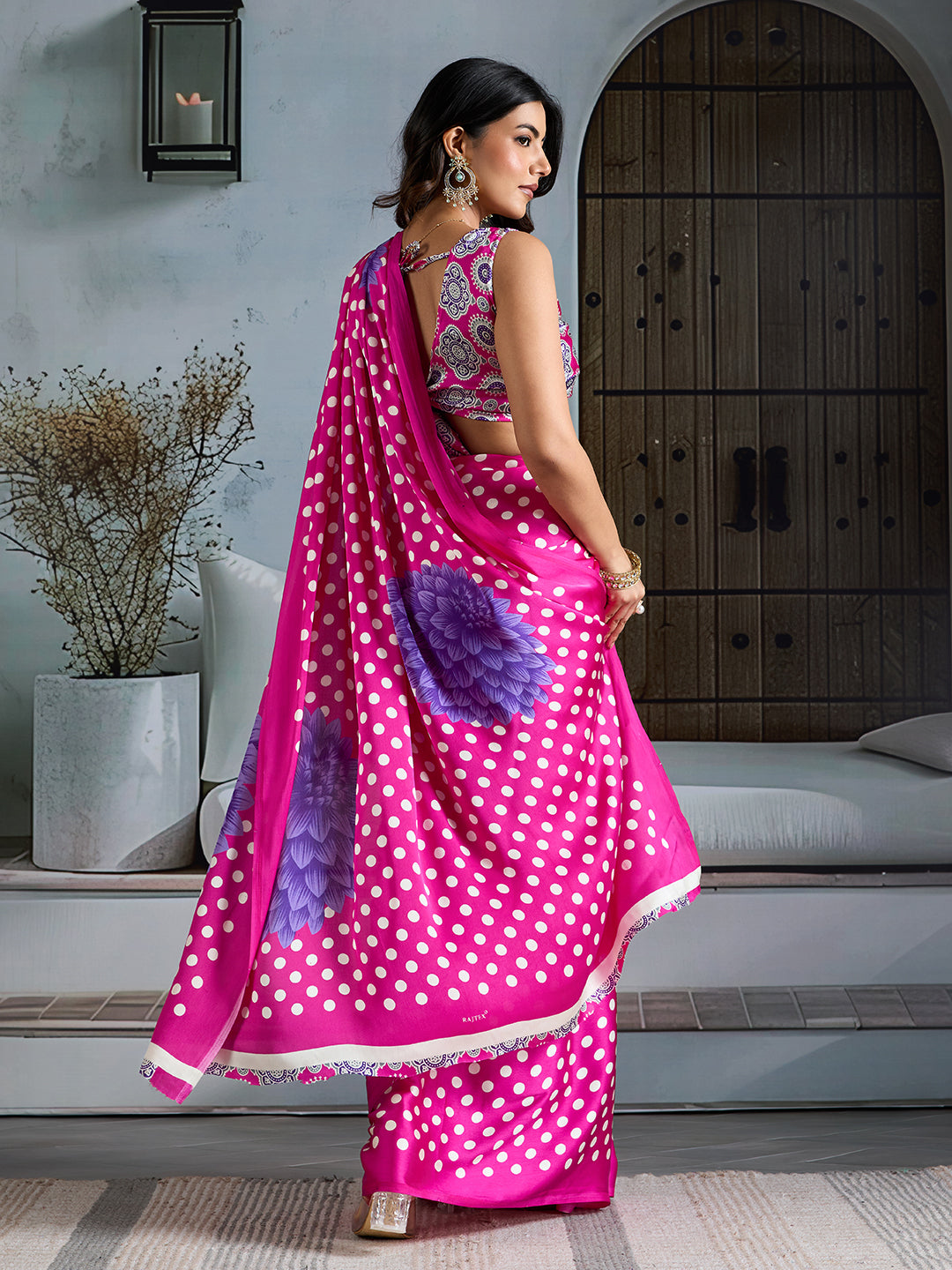 Premium Italian Silk Saree With Polka Dot & Floral Print Design