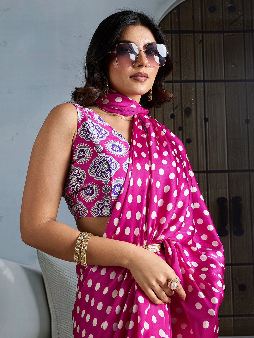 Premium Italian Silk Saree With Polka Dot & Floral Print Design