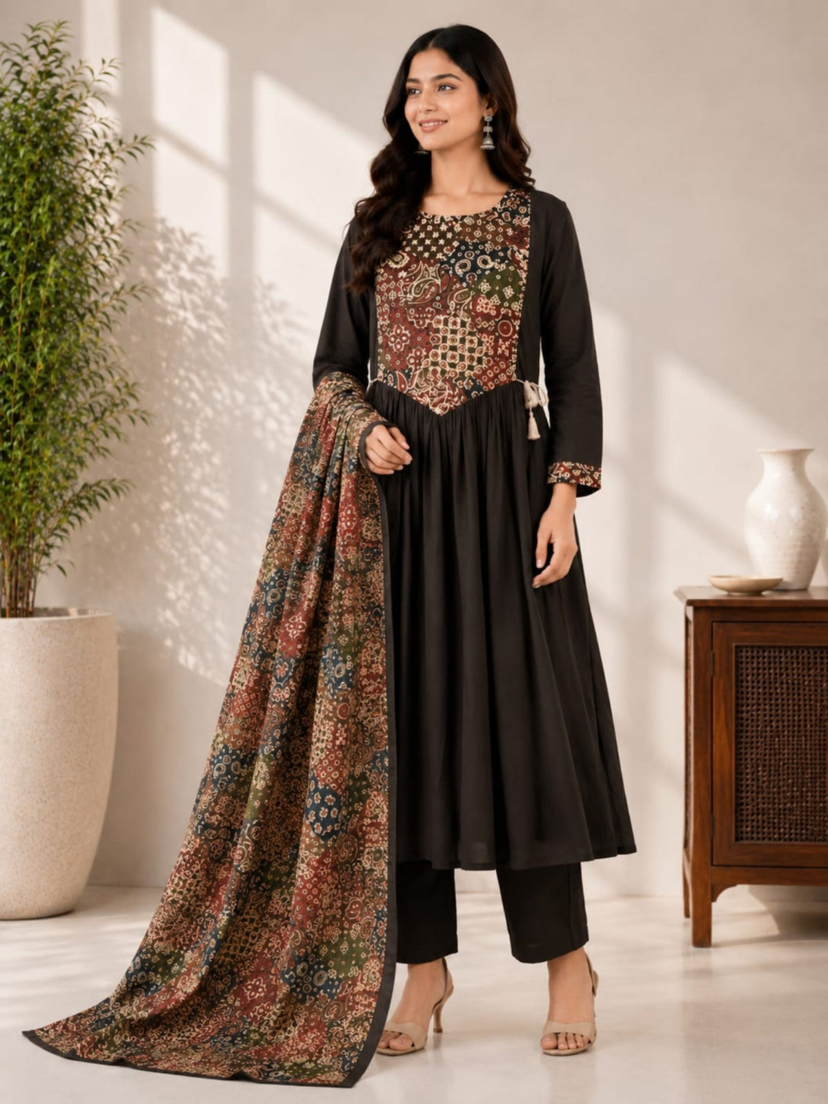 Jaipuri Pure Cotton Anarkali 3 Piece Suit Set for Women with Dupatta & Pant | Traditional Ethnic Printed Kurta Set