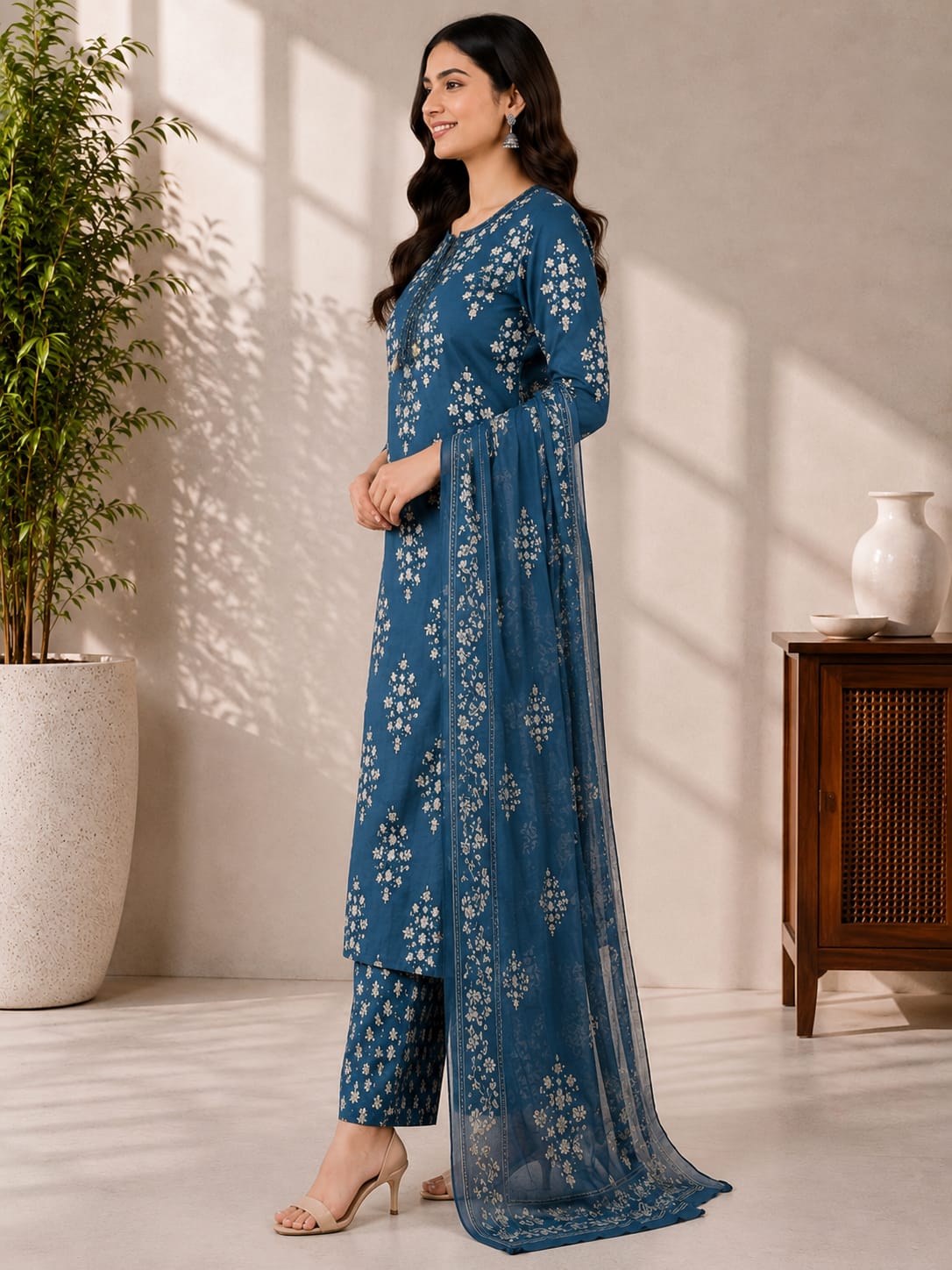 Jaipuri Pure Cotton 3 Piece Suit Set for Women | Kurti Pant Dupatta