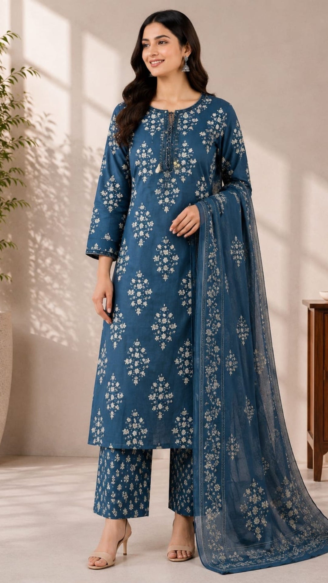 Jaipuri Pure Cotton 3 Piece Suit Set for Women | Kurti Pant Dupatta