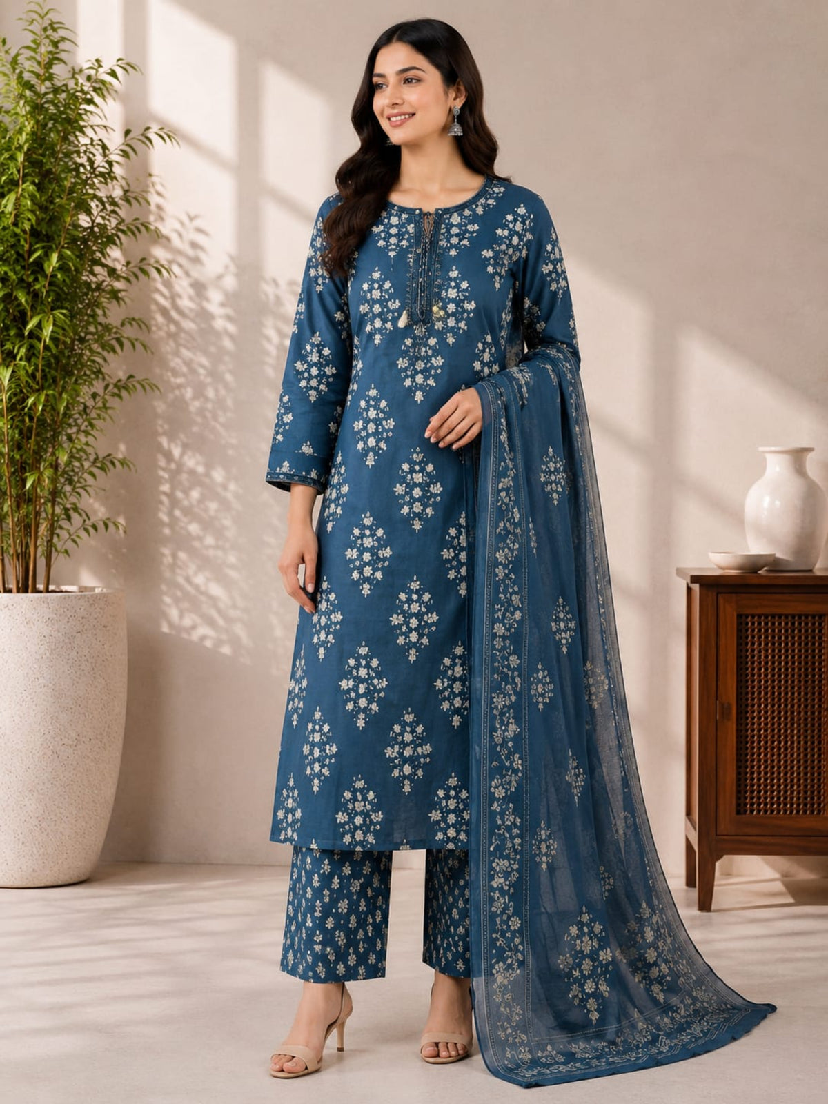 Jaipuri Pure Cotton 3 Piece Suit Set for Women | Kurti Pant Dupatta