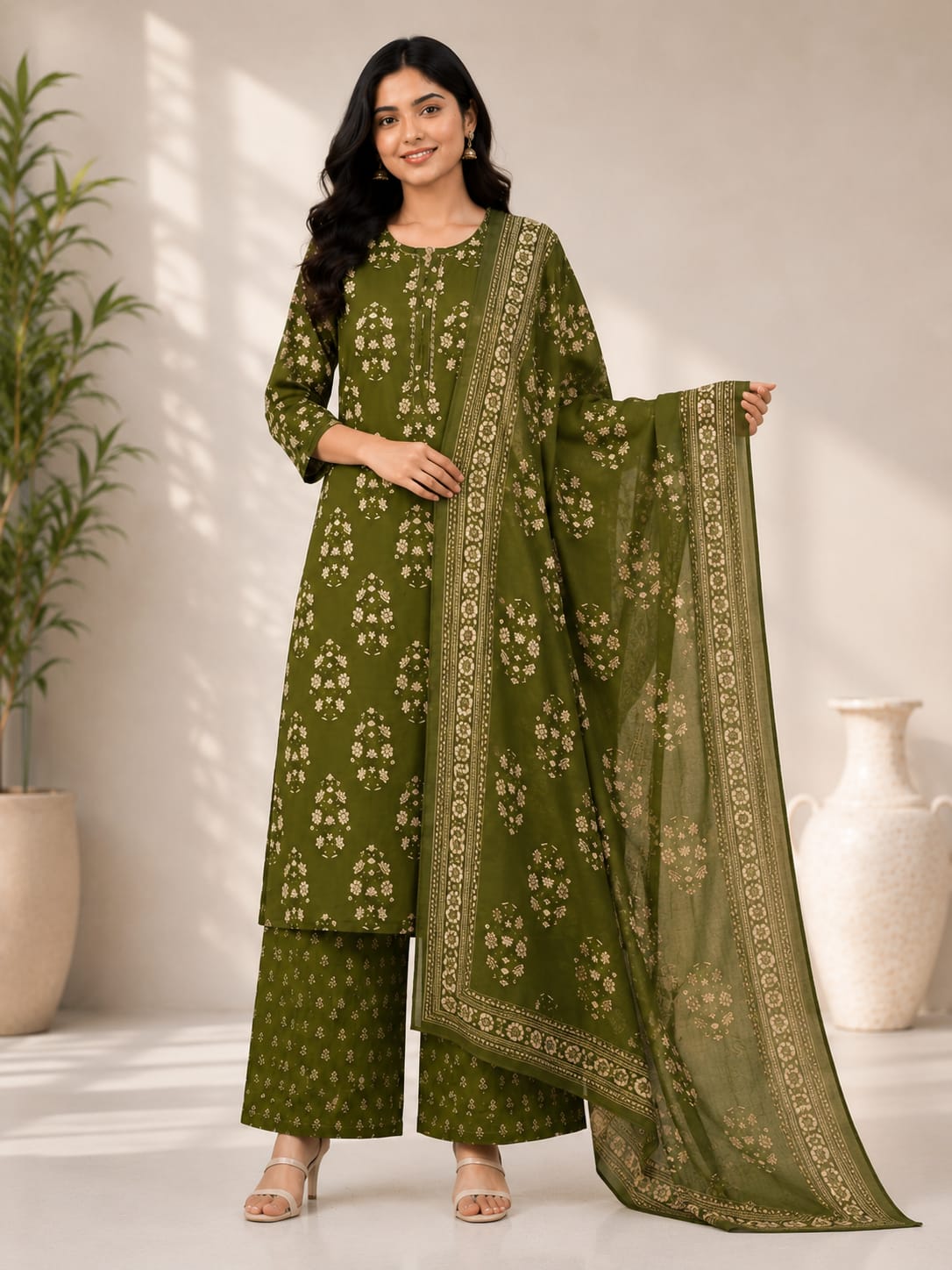 Jaipuri Pure Cotton 3 Piece Suit Set for Women | Kurti Pant Dupatta