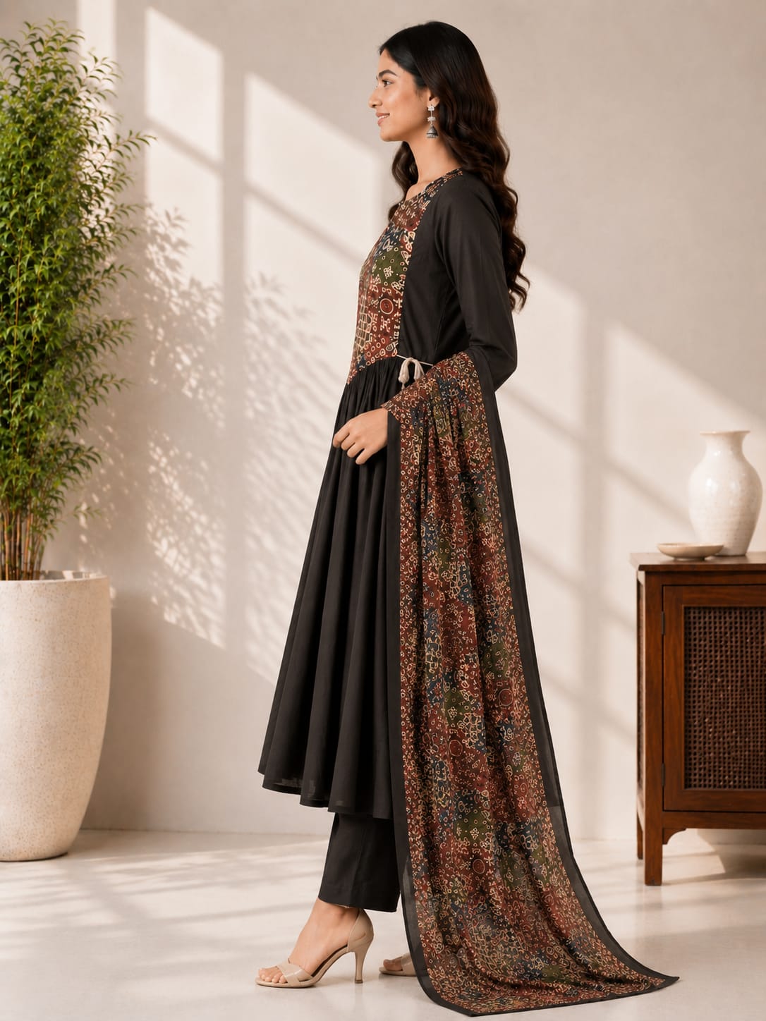 Jaipuri Pure Cotton Anarkali 3 Piece Suit Set for Women with Dupatta & Pant | Traditional Ethnic Printed Kurta Set