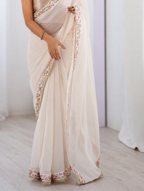 Aafreen Pastel Floral Embroidered Soft Chinon Georgette Saree