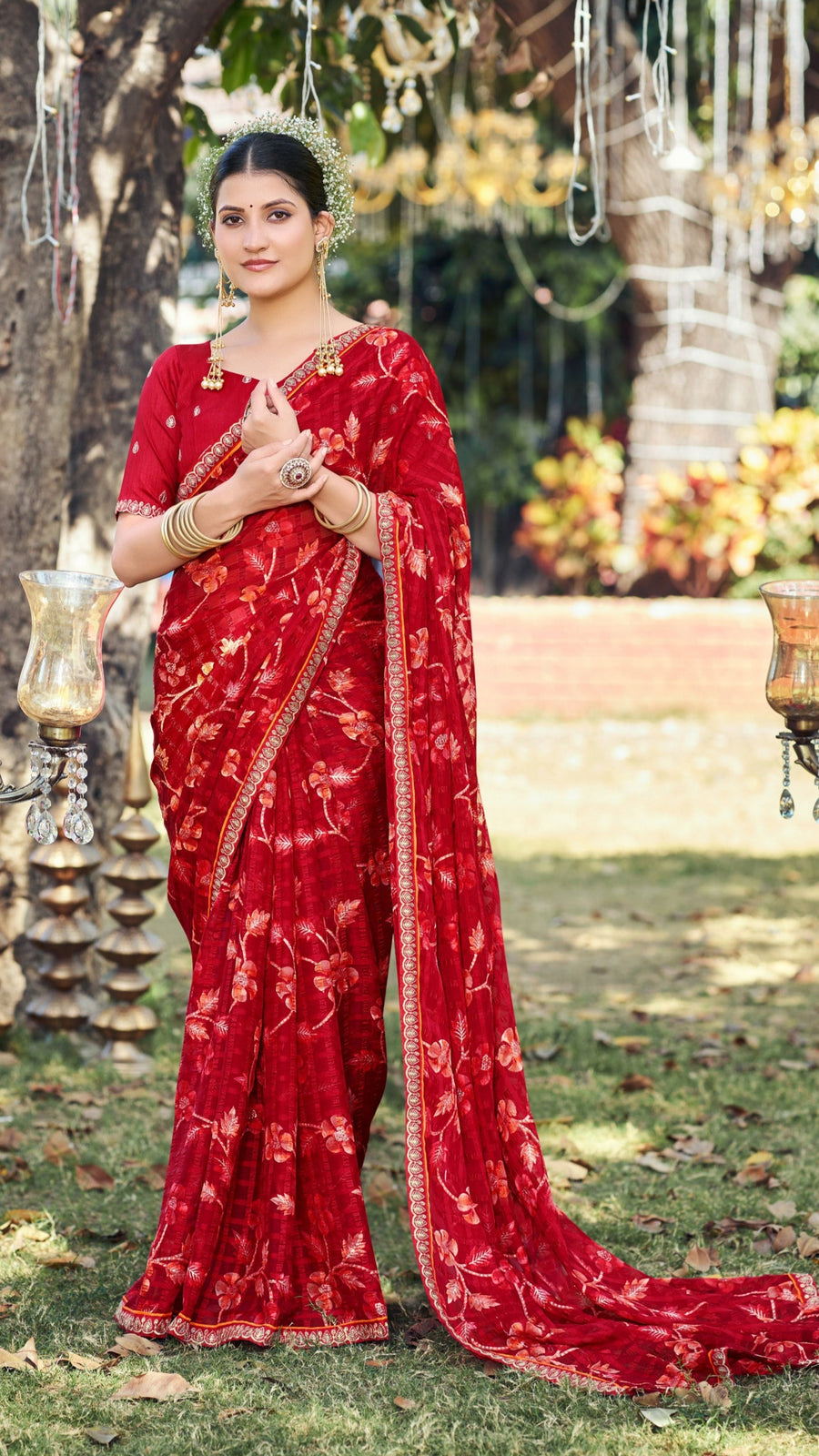 Floral Print Brasso Saree for Women with Embroidery Border | Krishna Textile Market