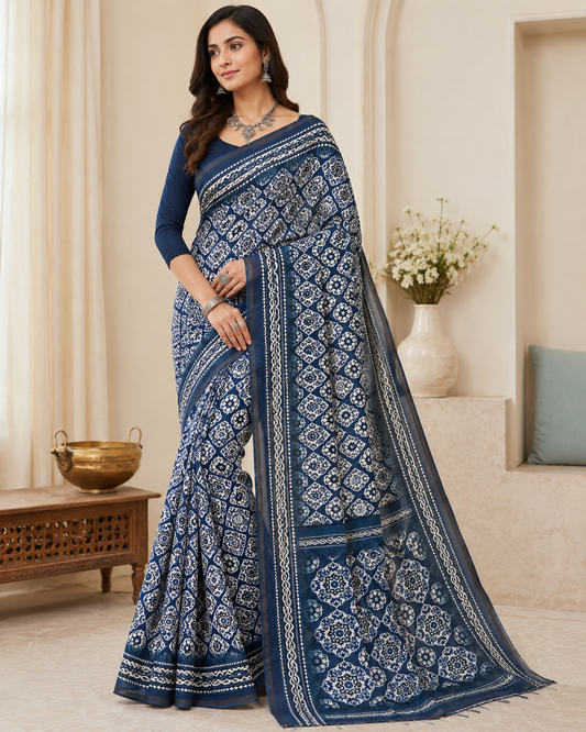 Indigo Blue Traditional Printed Saree with Designer Border & Pallu
