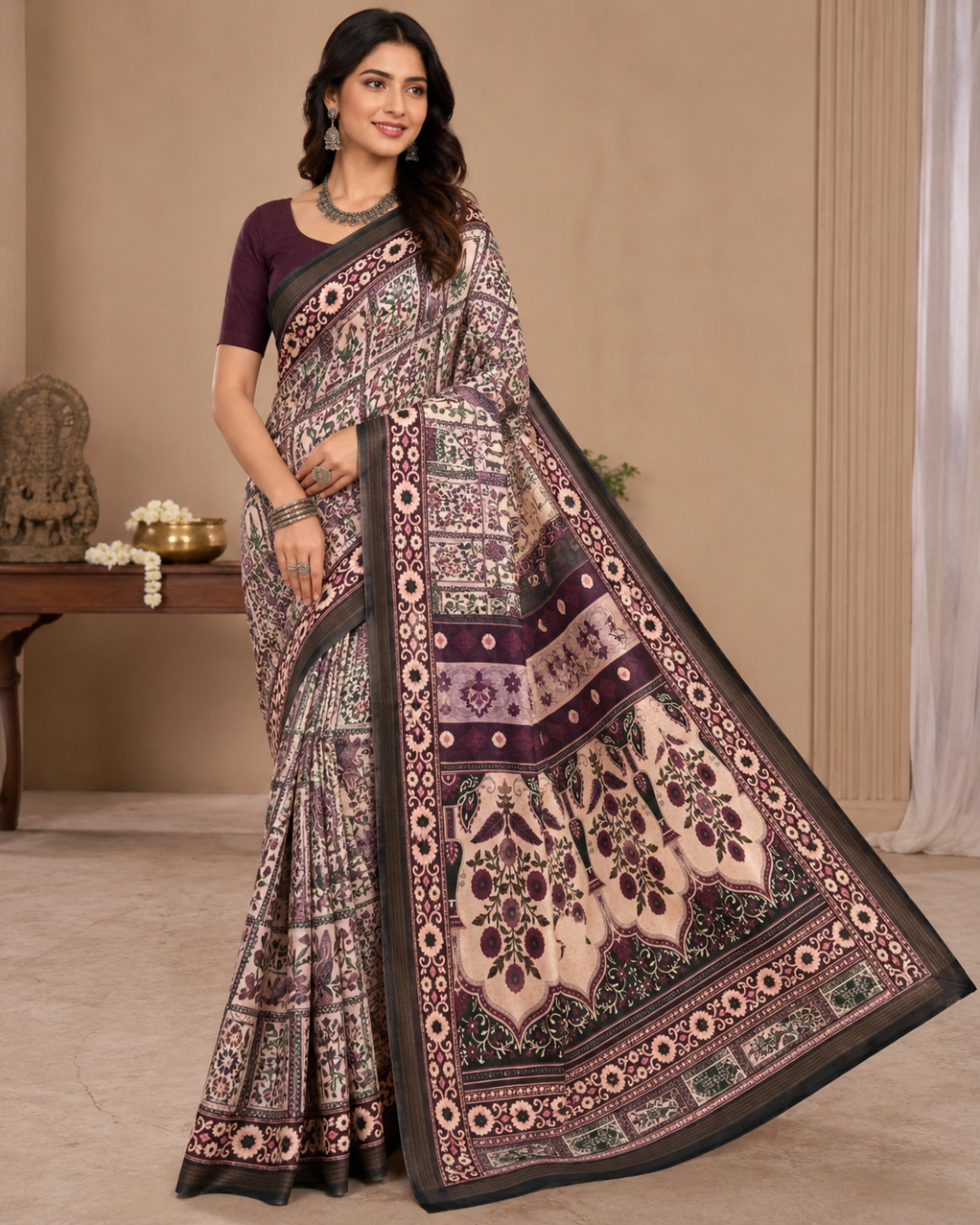 Traditional Kalamkari-Inspired Printed Saree with Grand Designer Pallu
