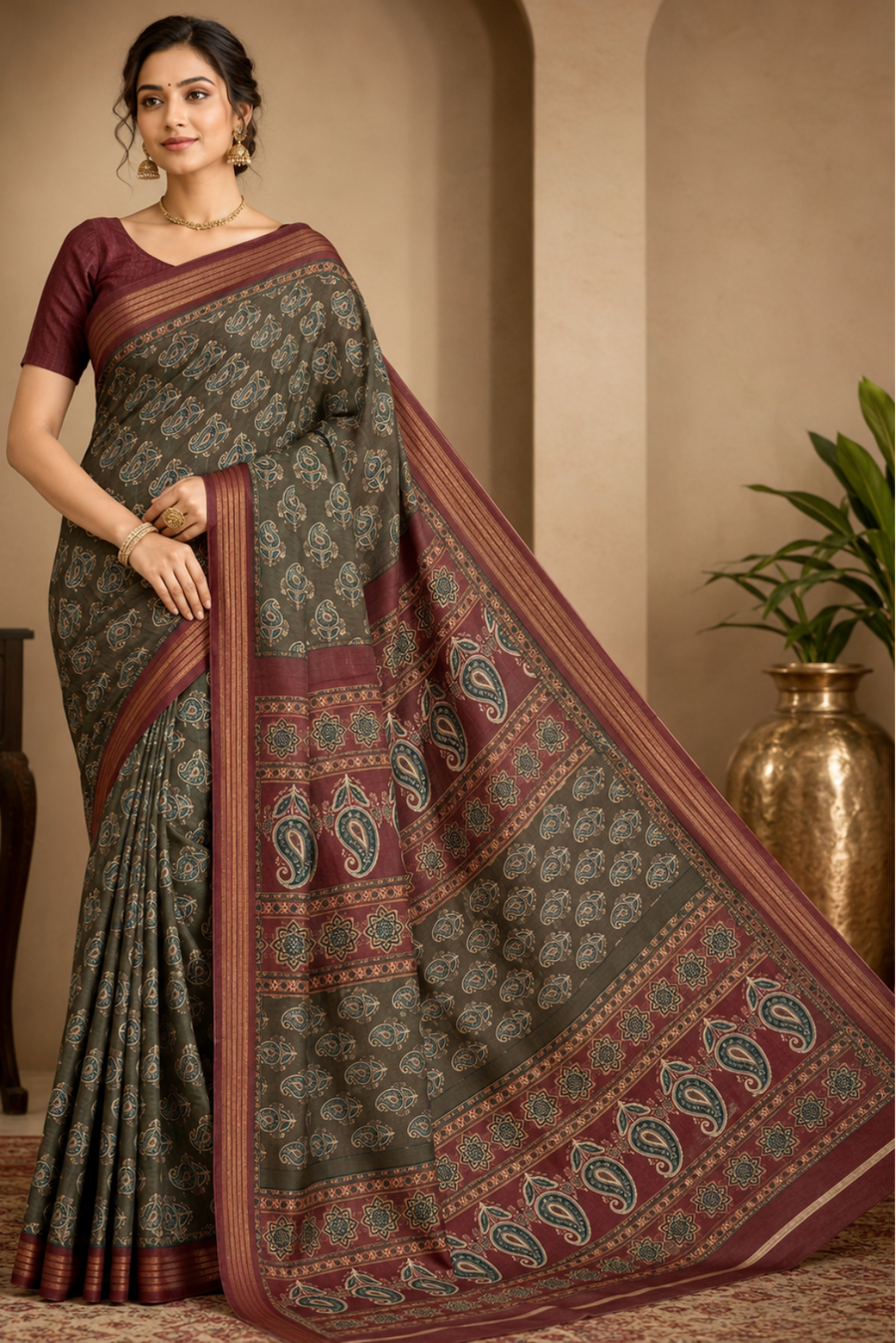 Elegant Olive Green Ajrakh-Inspired Printed Saree with Maroon Designer Pallu