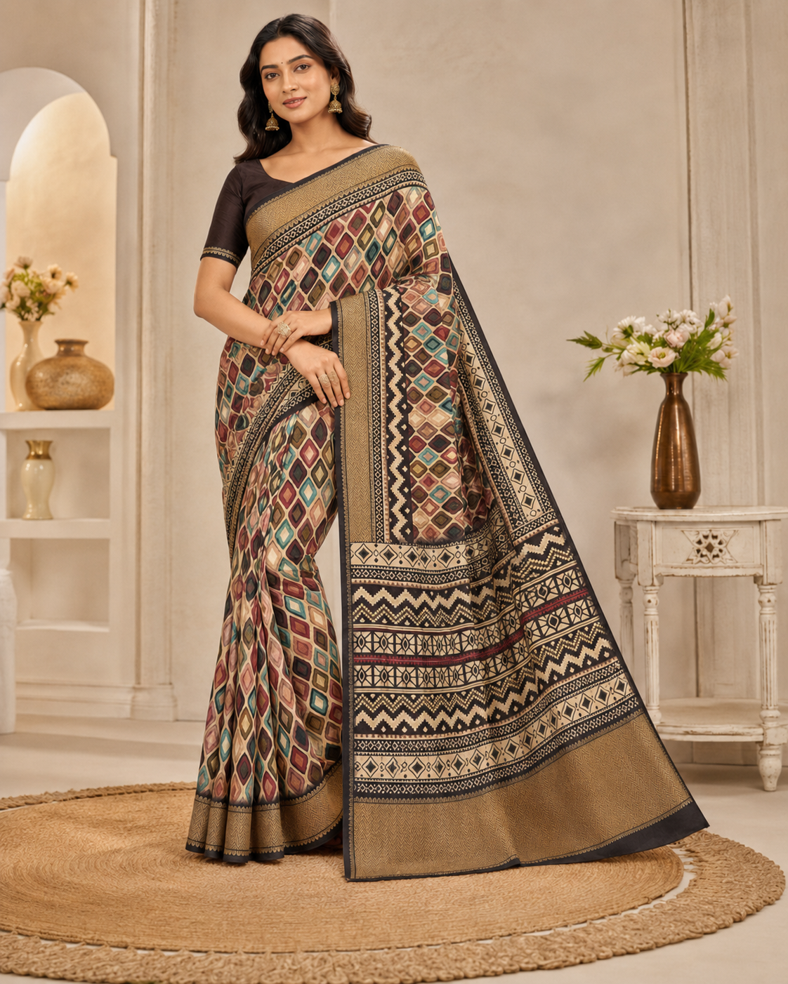 Multicolor Geometric Printed Saree with Antique Gold Border