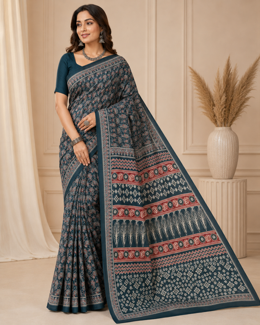 Elegant Teal Blue Ajrakh-Inspired Printed Saree with Designer Pallu