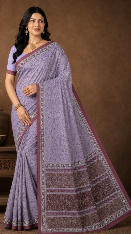 Elegant Lavender Printed Saree with Maroon Border & Traditional Pallu
