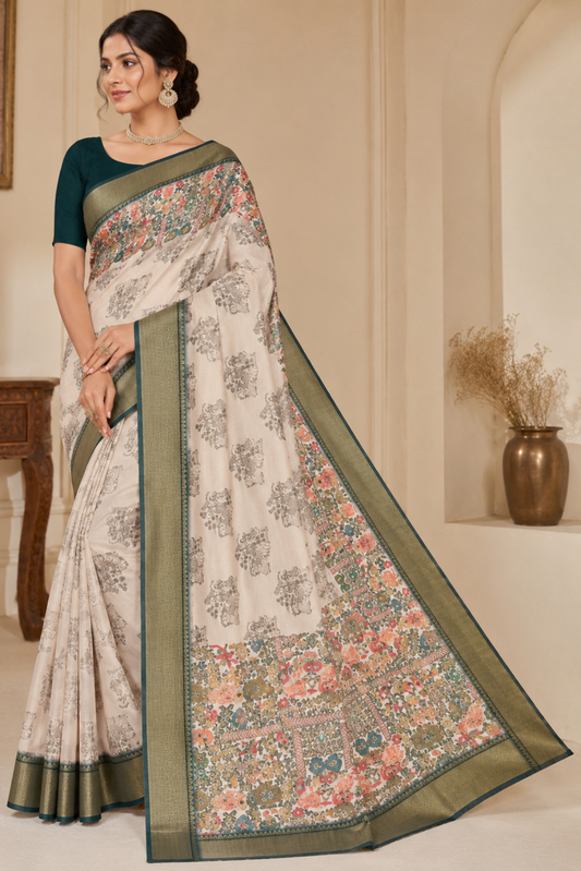Ivory Elephant Printed Saree with Olive Green Border & Multicolour Folk Art Pallu