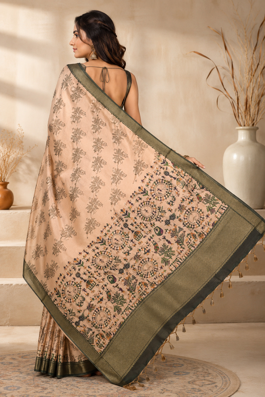 Beige Tribal Printed Saree with Dark Green Border & Tasselled Designer Pallu