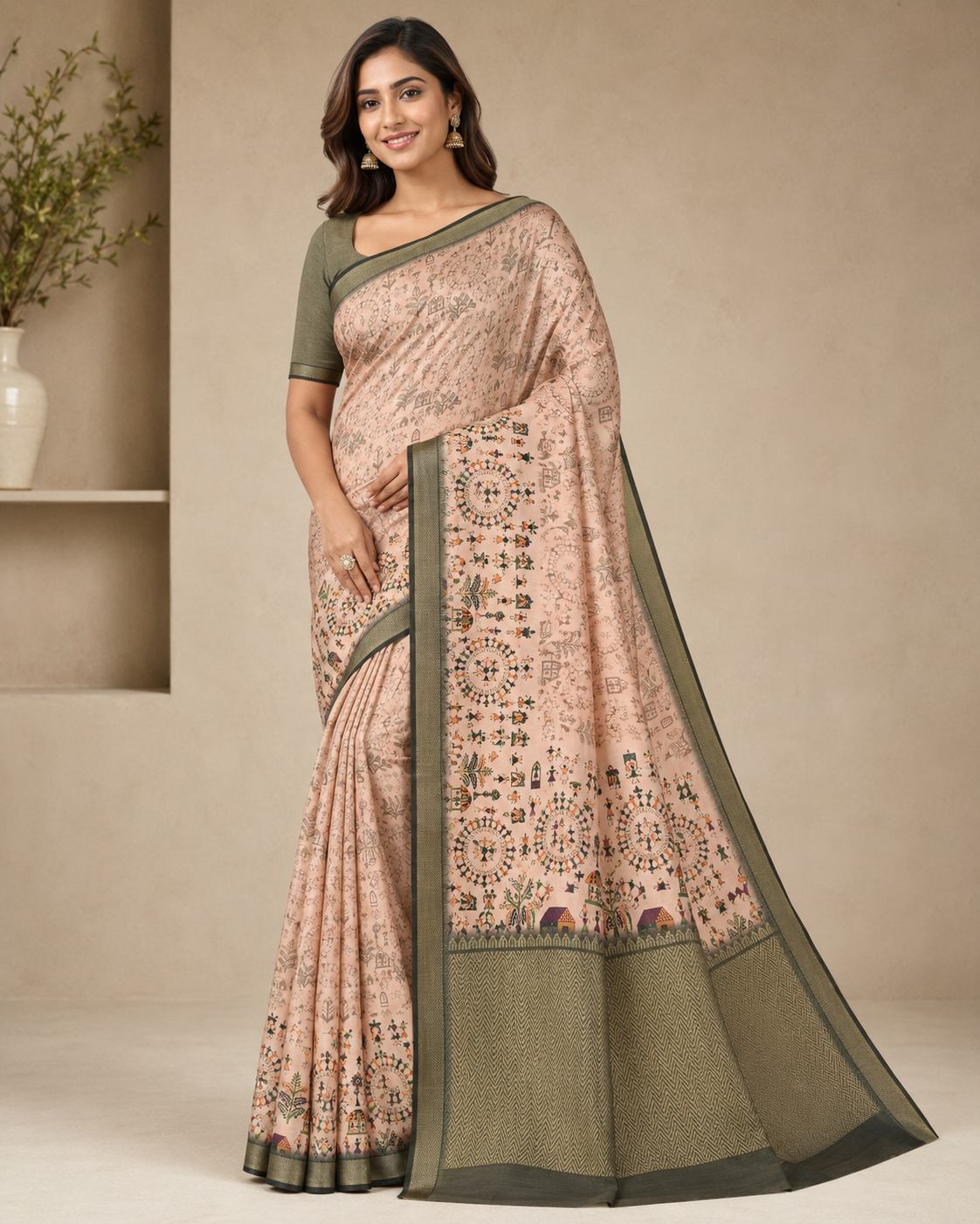 Beige Tribal Printed Saree with Dark Green Border & Tasselled Designer Pallu