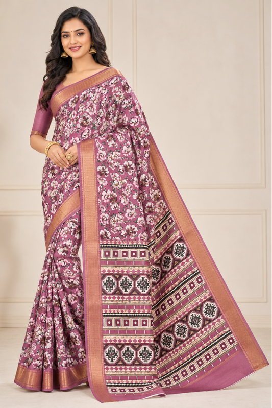 Dusty Rose Floral Printed Saree with Golden Border & Geometric Pallu
