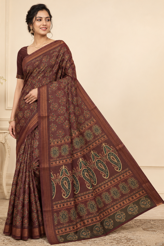 Coffee Brown Traditional Printed Saree with Designer Paisley Pallu