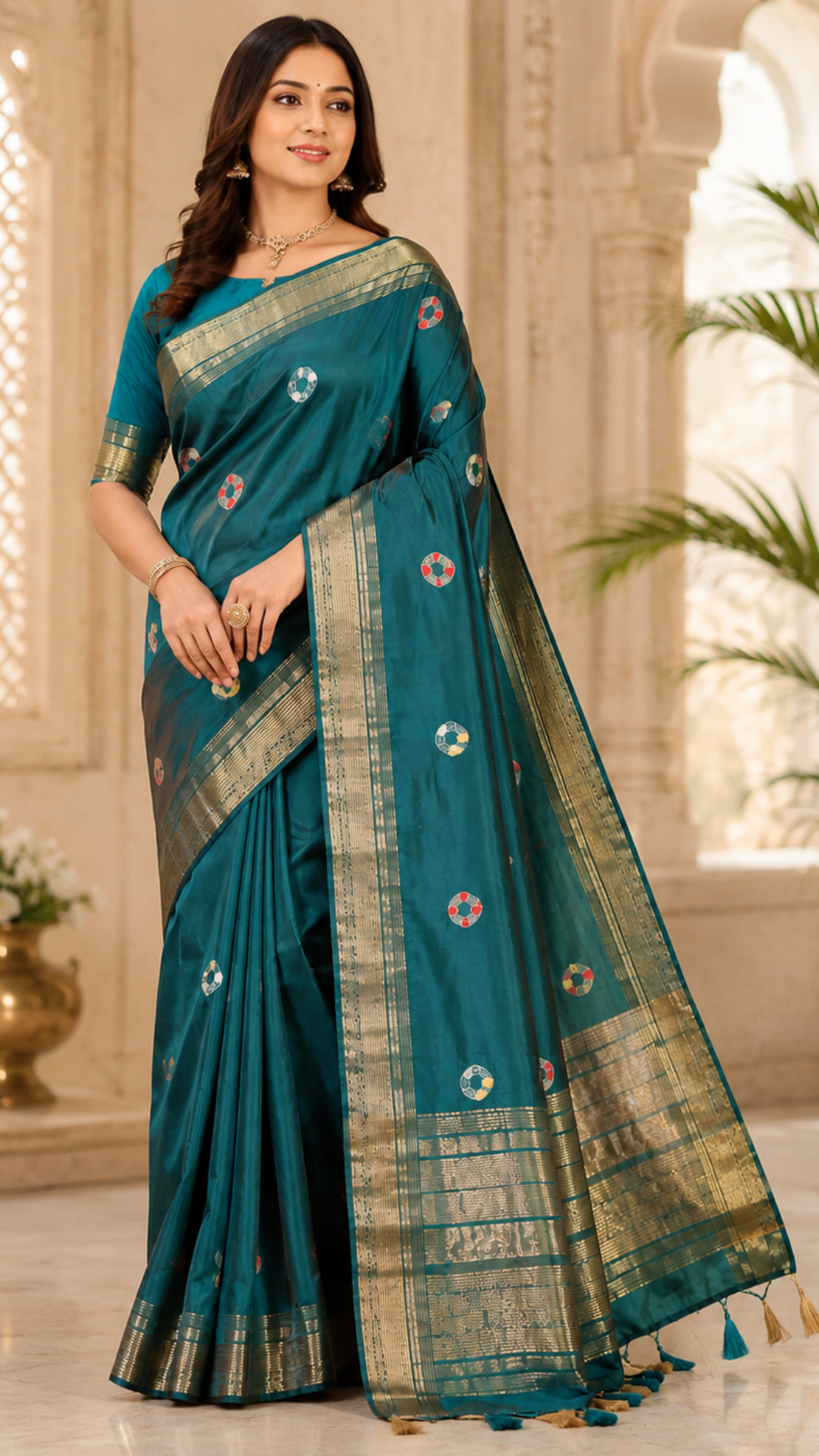 Woman wearing a teal saree with gold border indoors